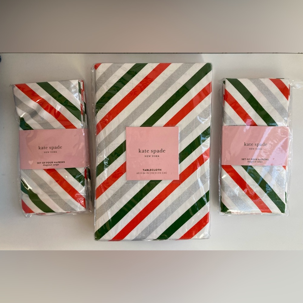 Kate Spade New York 60”x84” Diagonal Striped Tablecloth & 8 Napkins NEW